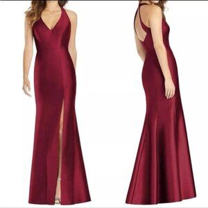 Alfred Sung Burgundy Satin Halter Formal Gown Size 14 V Neck Party $239 D761